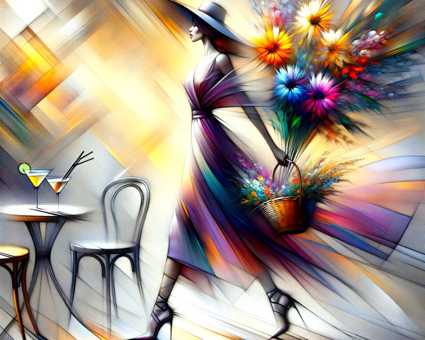 Stylish Figure in Flowing Dress with Flower Basket