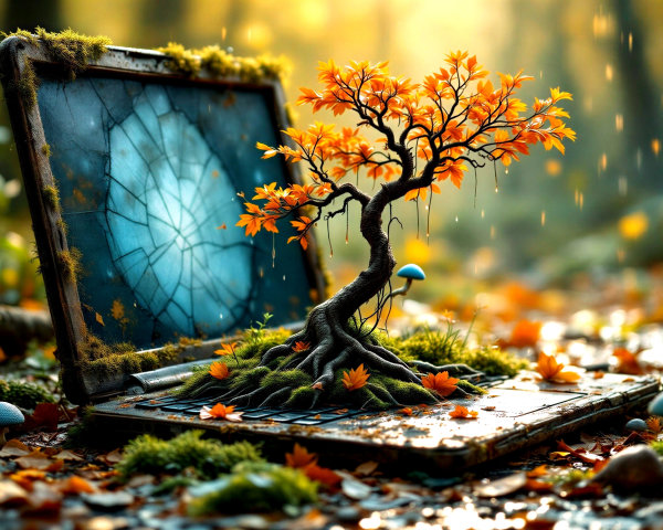 Whimsical Scene of a Laptop and Vibrant Tree Emergence