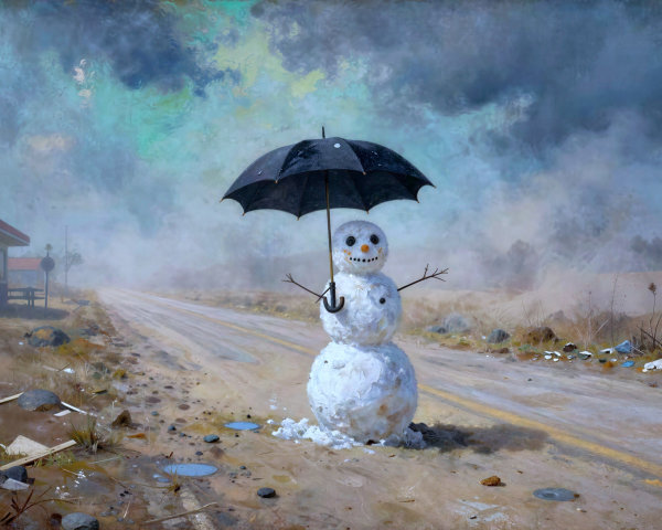 Surreal Painting of a Snowman on a Muddy Road