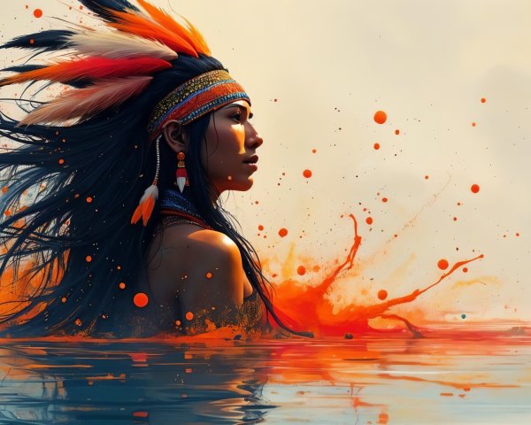 Serene Figure with Feathers in Vibrant Water Scene
