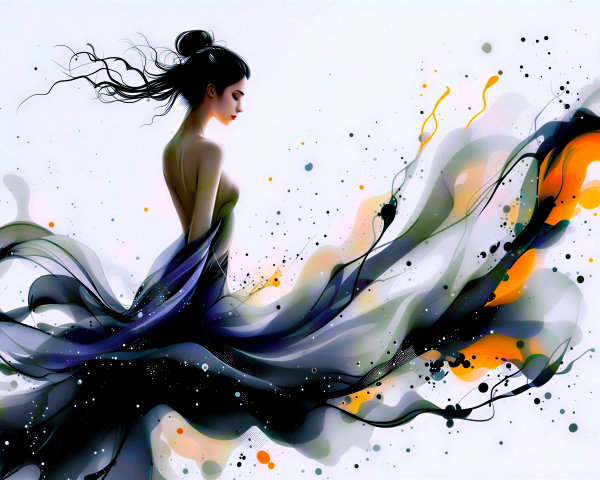 Elegant Woman in Flowing Dark Fabric with Color Accents