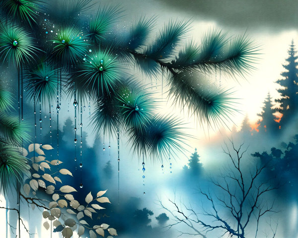 Serene Landscape with Misty Pine Trees and Foliage