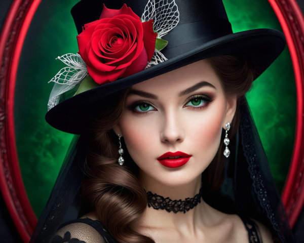 Close-Up of Woman in Black Hat and Red Rose