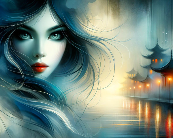 Woman with Blue Hair in Ethereal Landscape