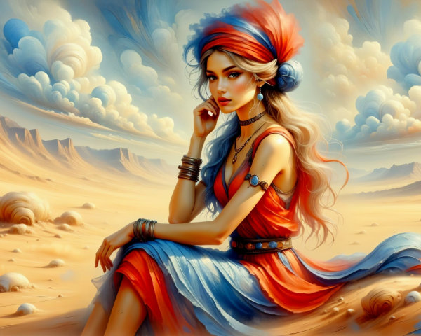 Young Woman in Vibrant Dress in Surreal Desert Scene