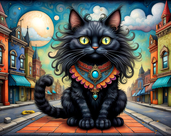 Whimsical Town with Black Cat and Two Moons