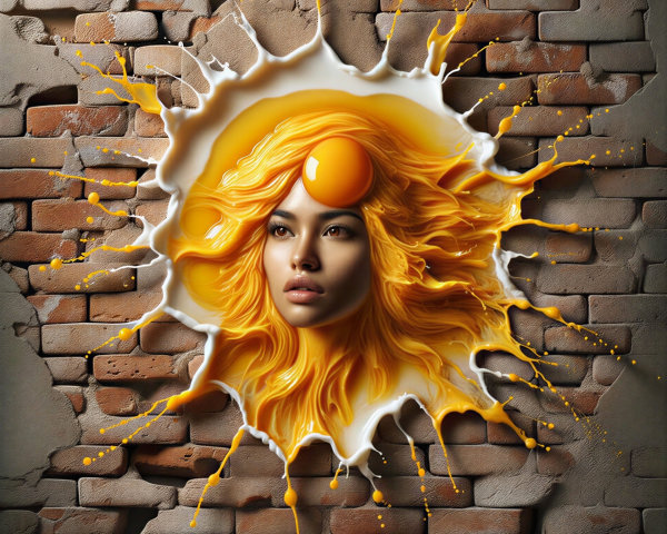 Surreal Woman with Golden Hair from Cracked Wall