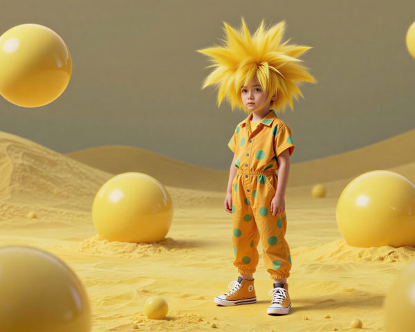 Young Boy in Yellow Desert Landscape with Spheres