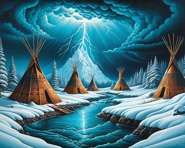 Snowy Winter Landscape with Teepees and River
