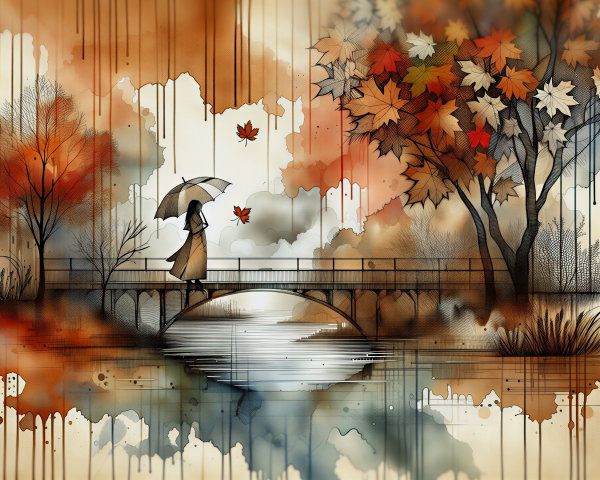 Watercolor Illustration of Woman on Bridge in Autumn