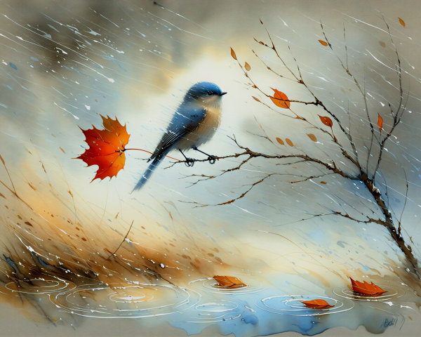 Delicate Bird on Branch in Gentle Rain with Autumn Pond