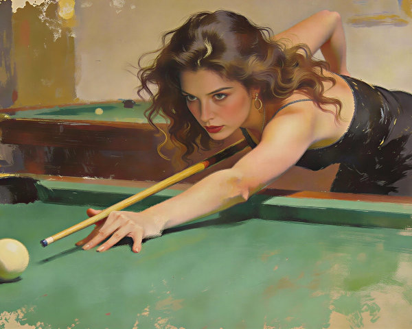 Oil Painting of Woman in Black Dress Playing Billiards