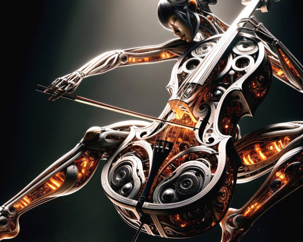 Sci-fi art of a female cellist with glowing features
