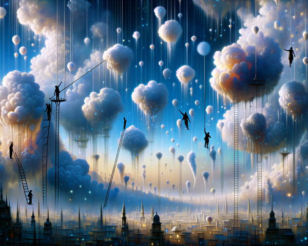 Surreal Landscape with Whimsical Clouds and Balloons