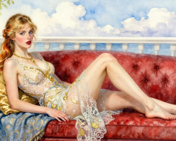 Watercolor Painting of Woman on Balcony with Water View