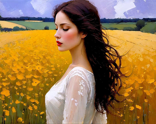 Impressionist Oil Painting of Woman in Field of Poppies