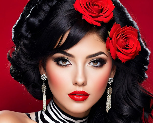 Portrait of a Woman with Black Hair and Red Roses