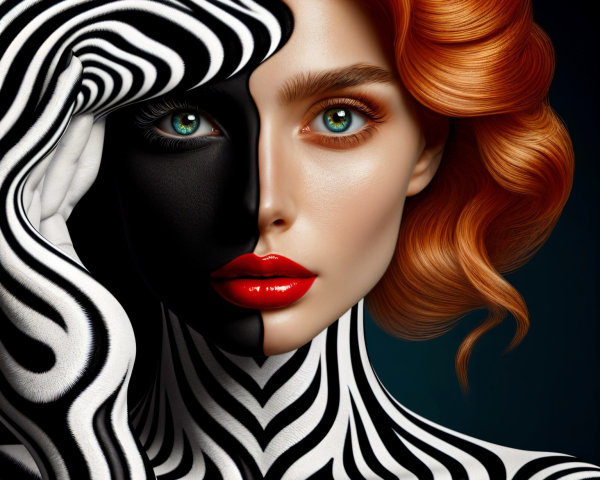 Portrait of a Woman with Striped Face and Red Hair