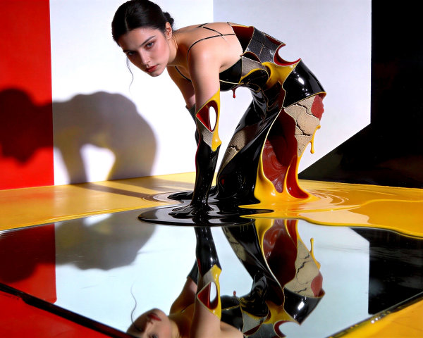 Surreal Room with Woman in Avant-Garde Melting Dress