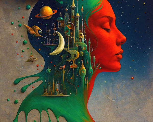 Surreal Artwork of Woman with Red Skin and Cityscape