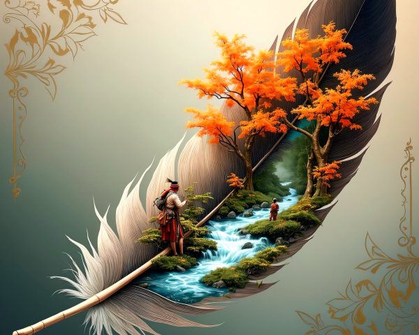 Giant Feather Landscape with Orange Trees and Stream