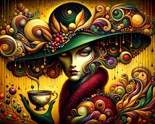 Surreal Portrait of Woman with Elaborate Hat and Teacup