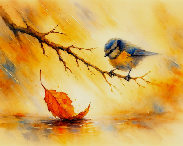 Watercolor of Blue Bird and Autumn Leaf in Puddle
