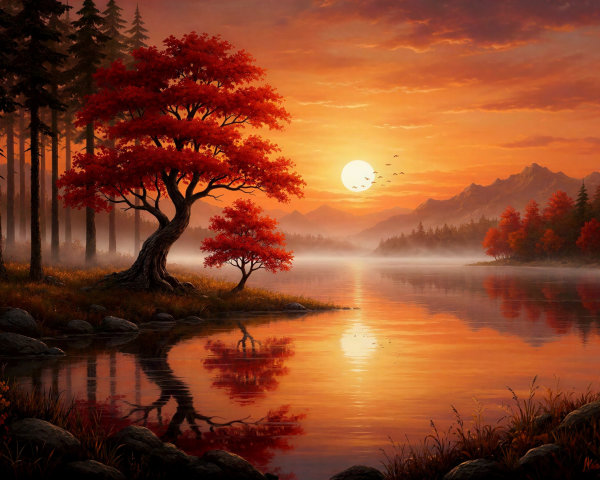 Serene Autumn Sunset Over Misty Lake and Trees