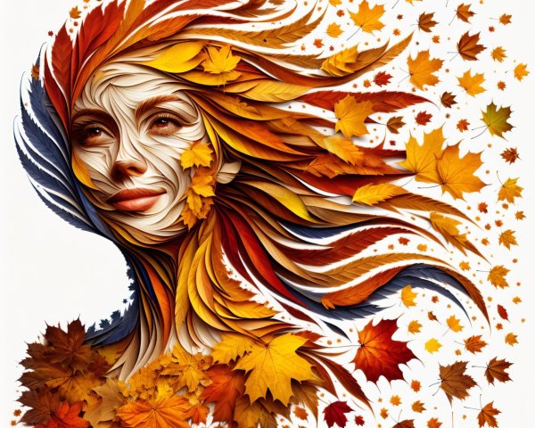 Artistic Face Made of Swirling Autumn Leaves