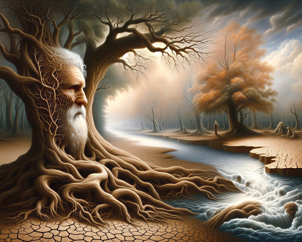 Surreal Landscape with Ancient Figure and Nature Elements