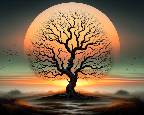 Solitary Tree Silhouetted by Vibrant Sunset Scene