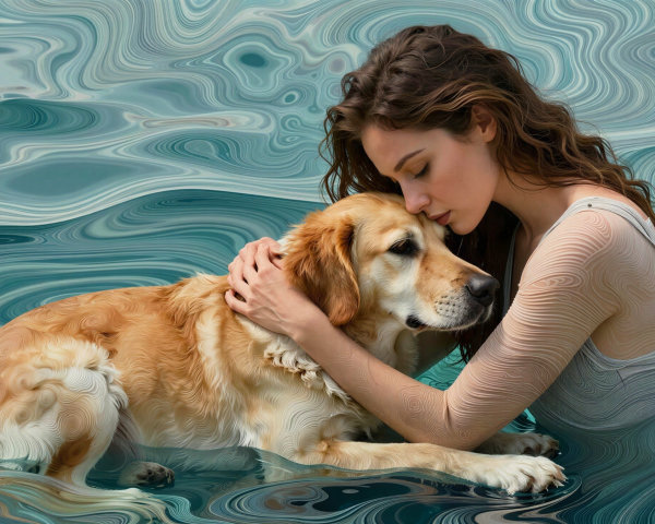 Close-up of a woman embracing a golden retriever in water