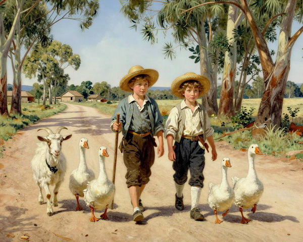 Boys Walking with Goat and Geese on Dirt Road