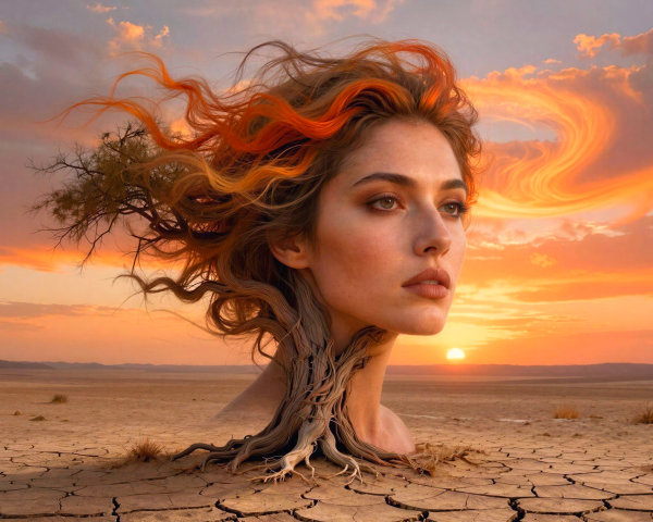 Woman with Tree-Inspired Hair in Desert Sunset Scene