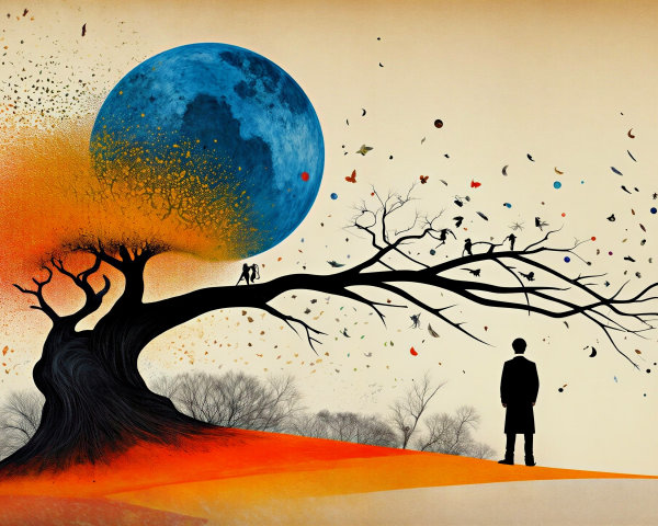 Surreal Landscape with Blue Moon and Whimsical Tree
