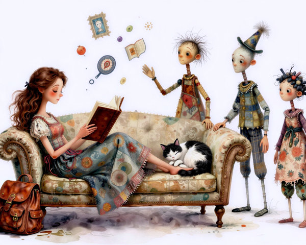 Watercolor Illustration of a Woman Reading on Sofa