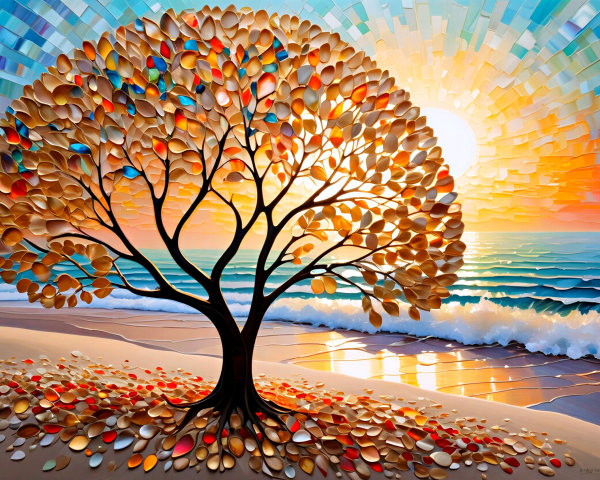 Vibrant Tree and Sunrise Over Tranquil Ocean Scene
