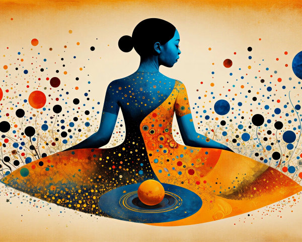 Serene Figure in Cosmic Orange and Blue Hues