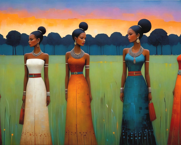 Five Women in Vibrant Dresses on Green Field