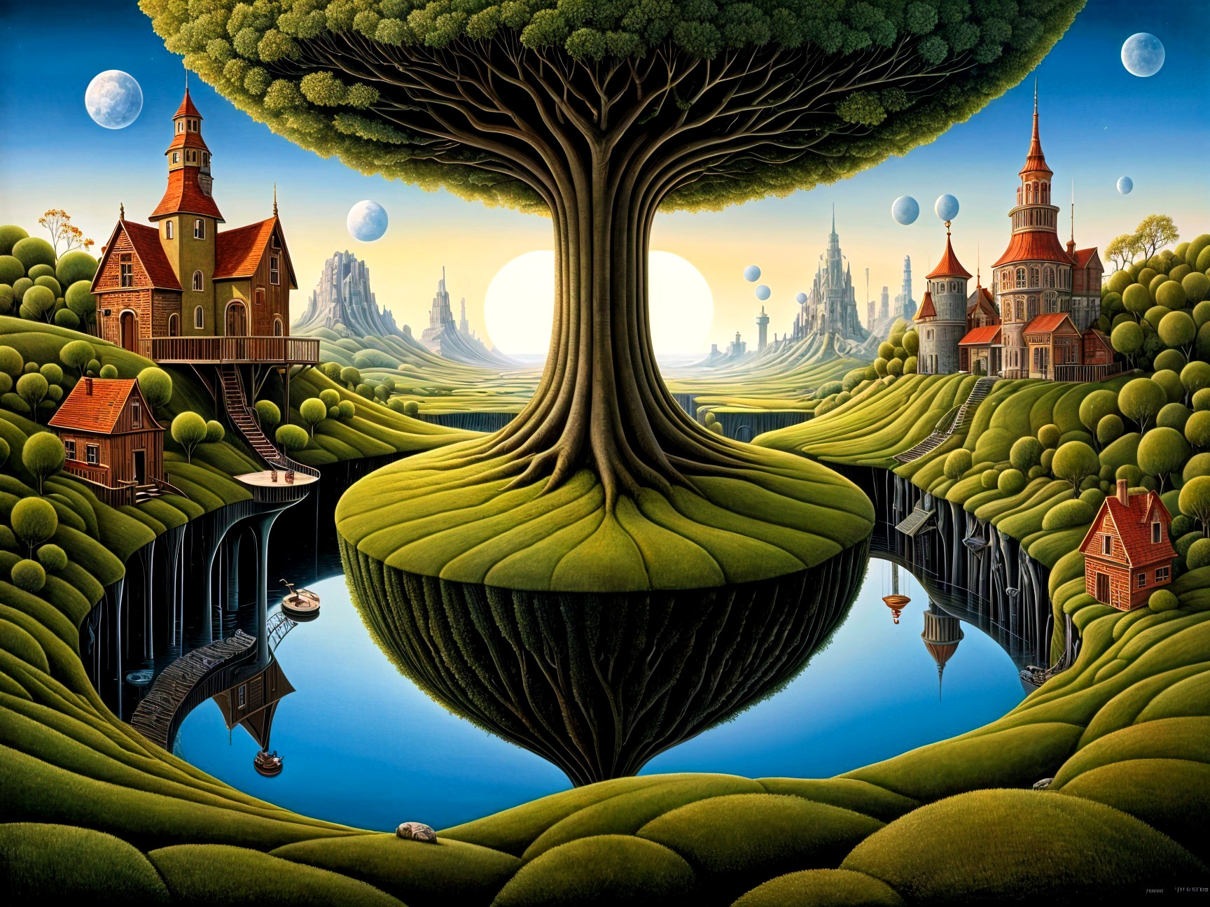 Surreal Landscape with Colossal Tree and Castles