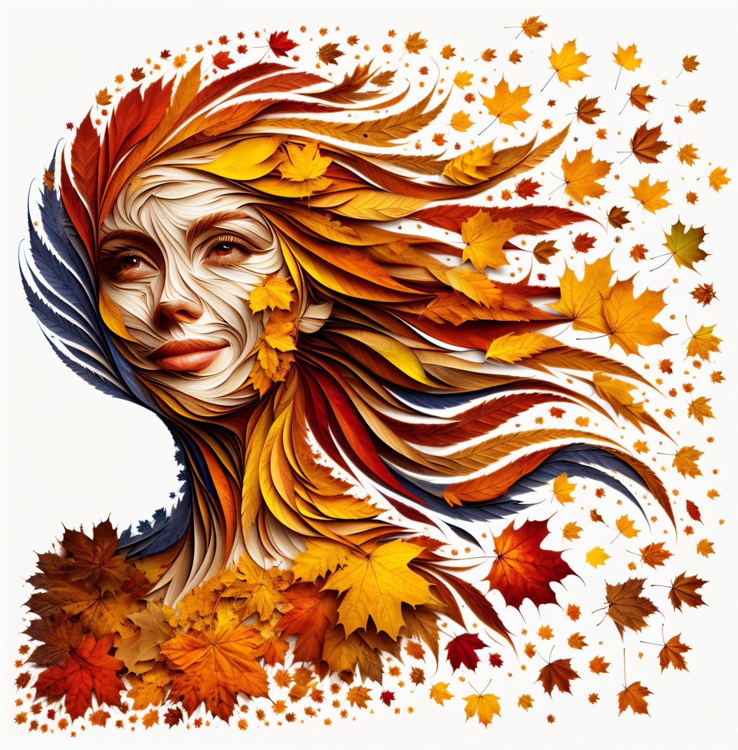 Artistic Face Made of Swirling Autumn Leaves