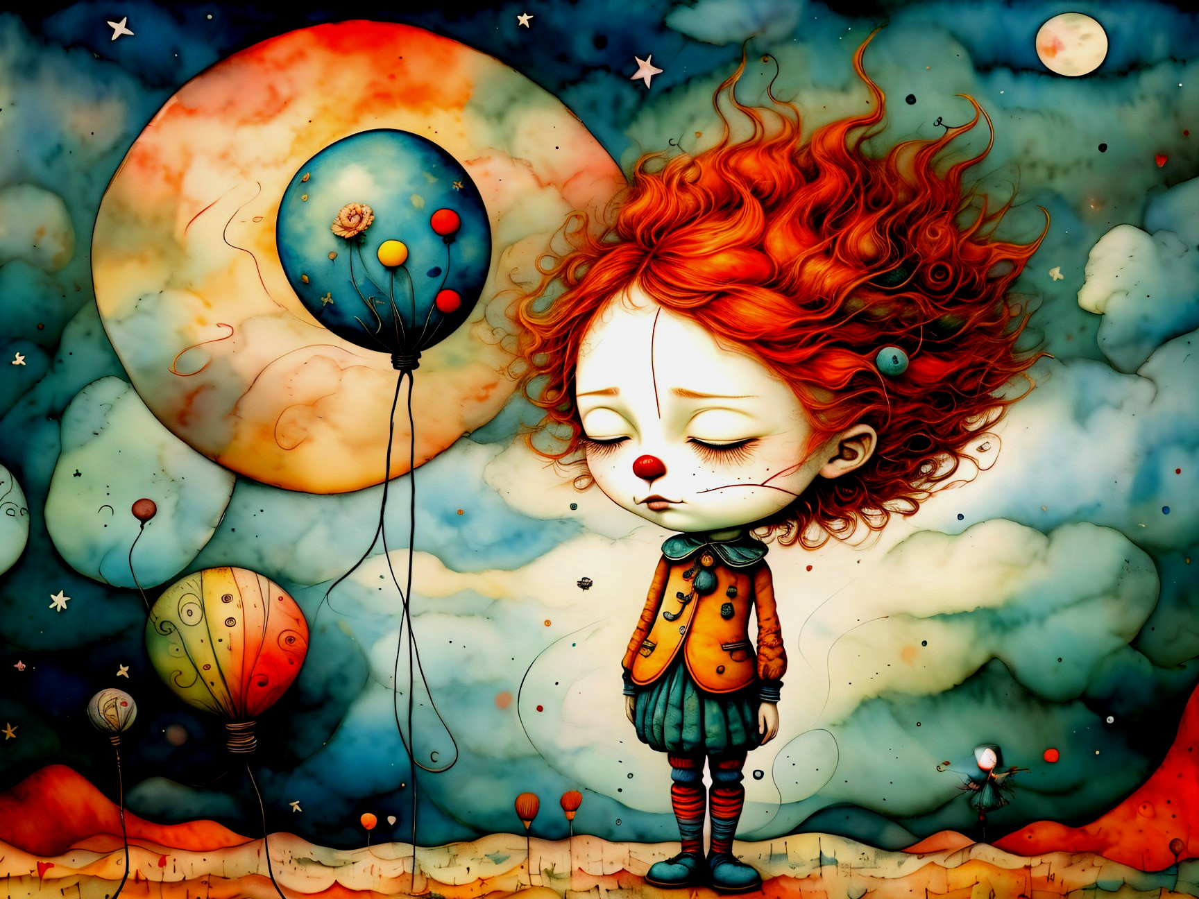 Whimsical Scene of a Girl with Red Hair and Balloons