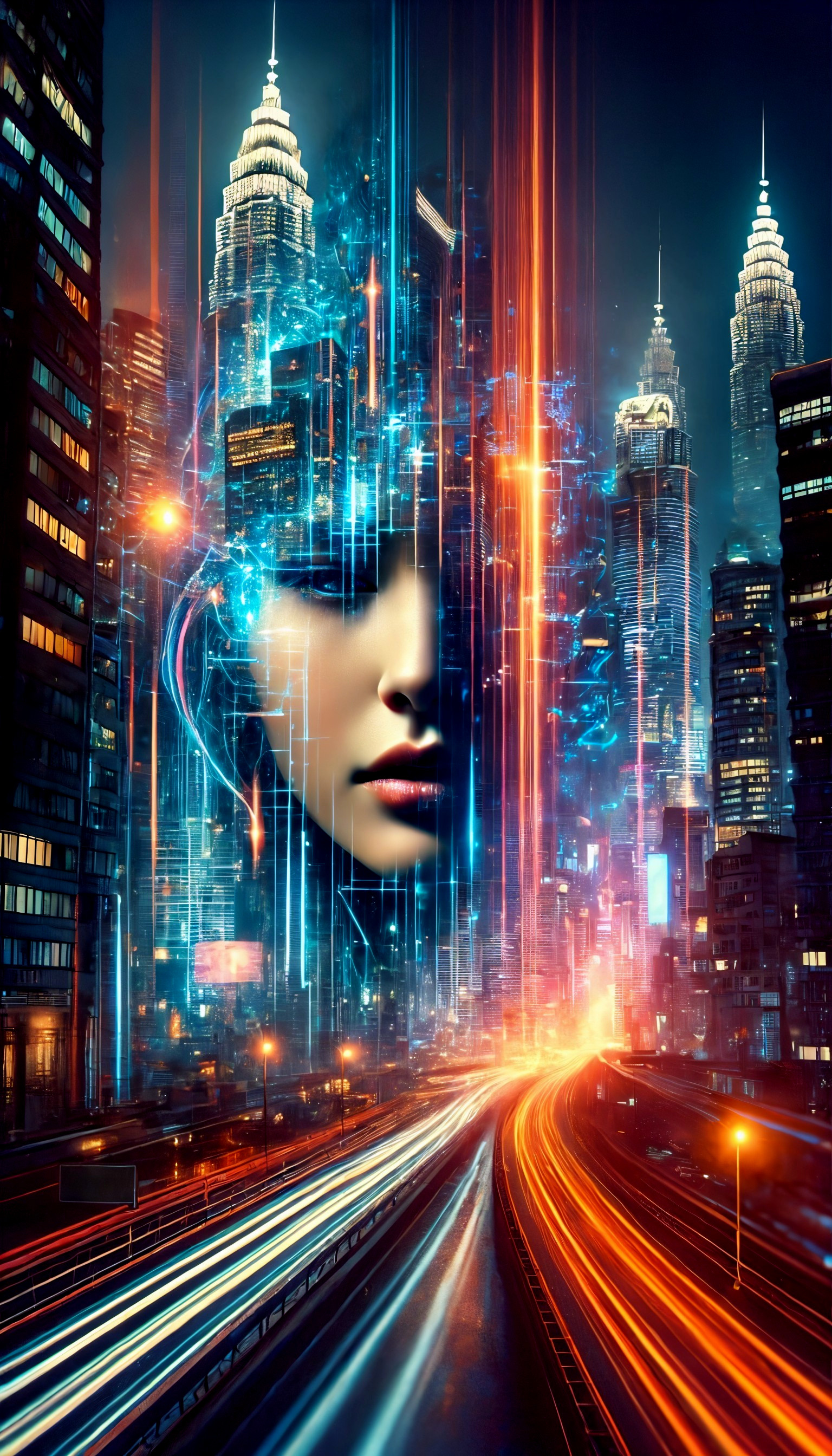 Futuristic Metropolis with Neon Lights and Skyscrapers