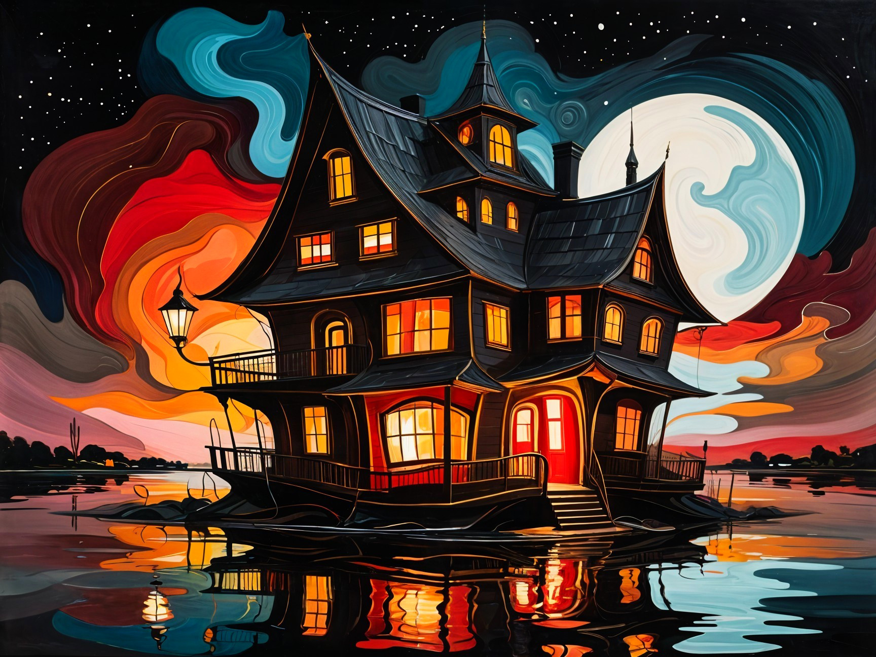 Enchanting Mansion by Calm Waters Under Moonlit Sky