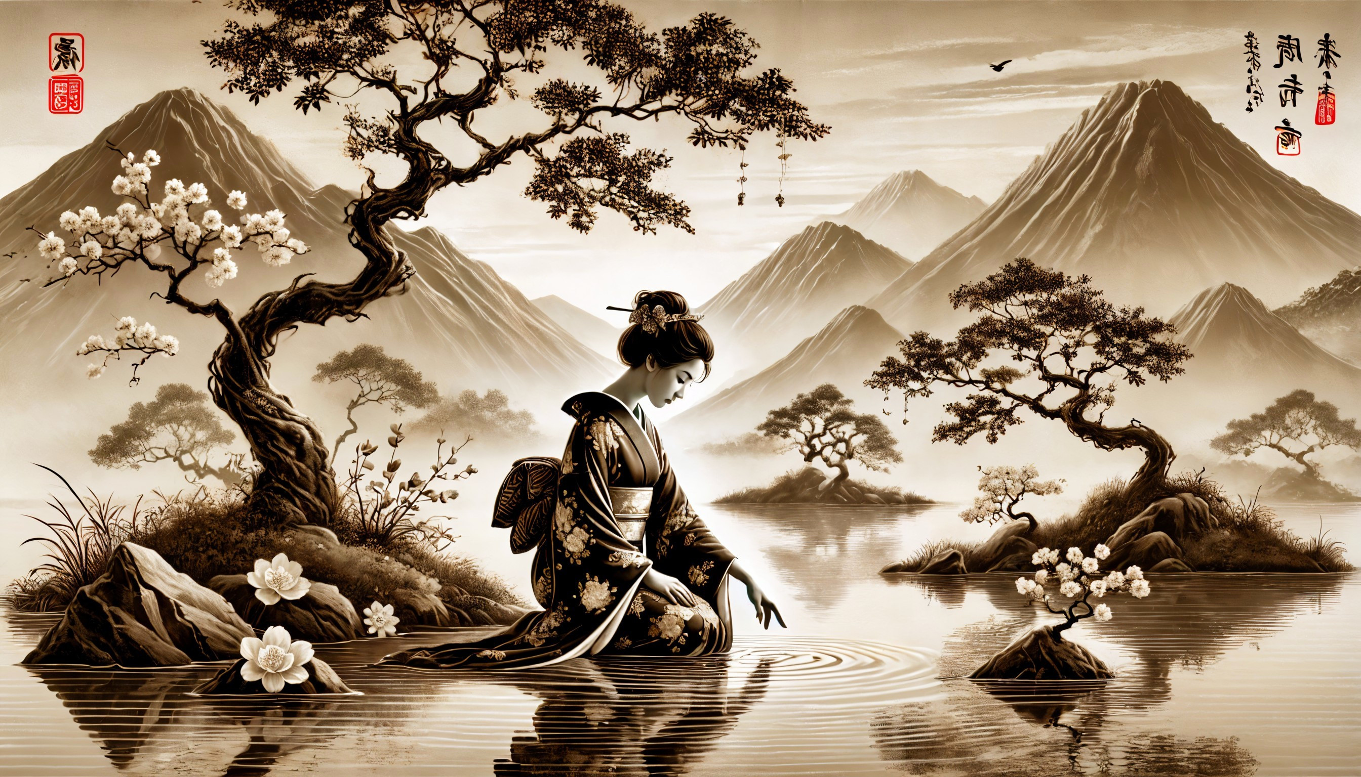 Serene Japanese Woman by Tranquil Pond with Blossoms