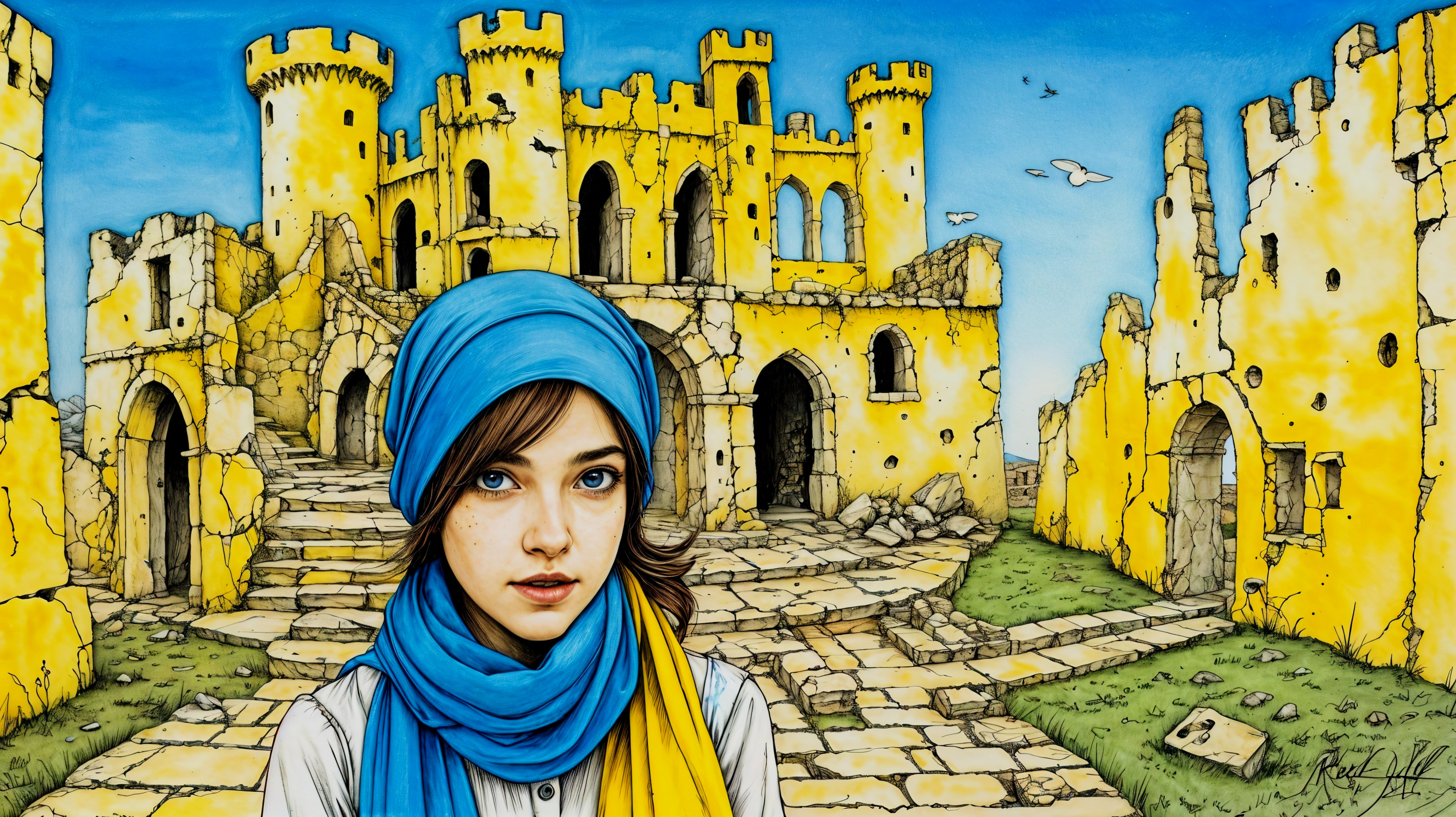Young Girl in Whimsical Landscape by Yellow Castle
