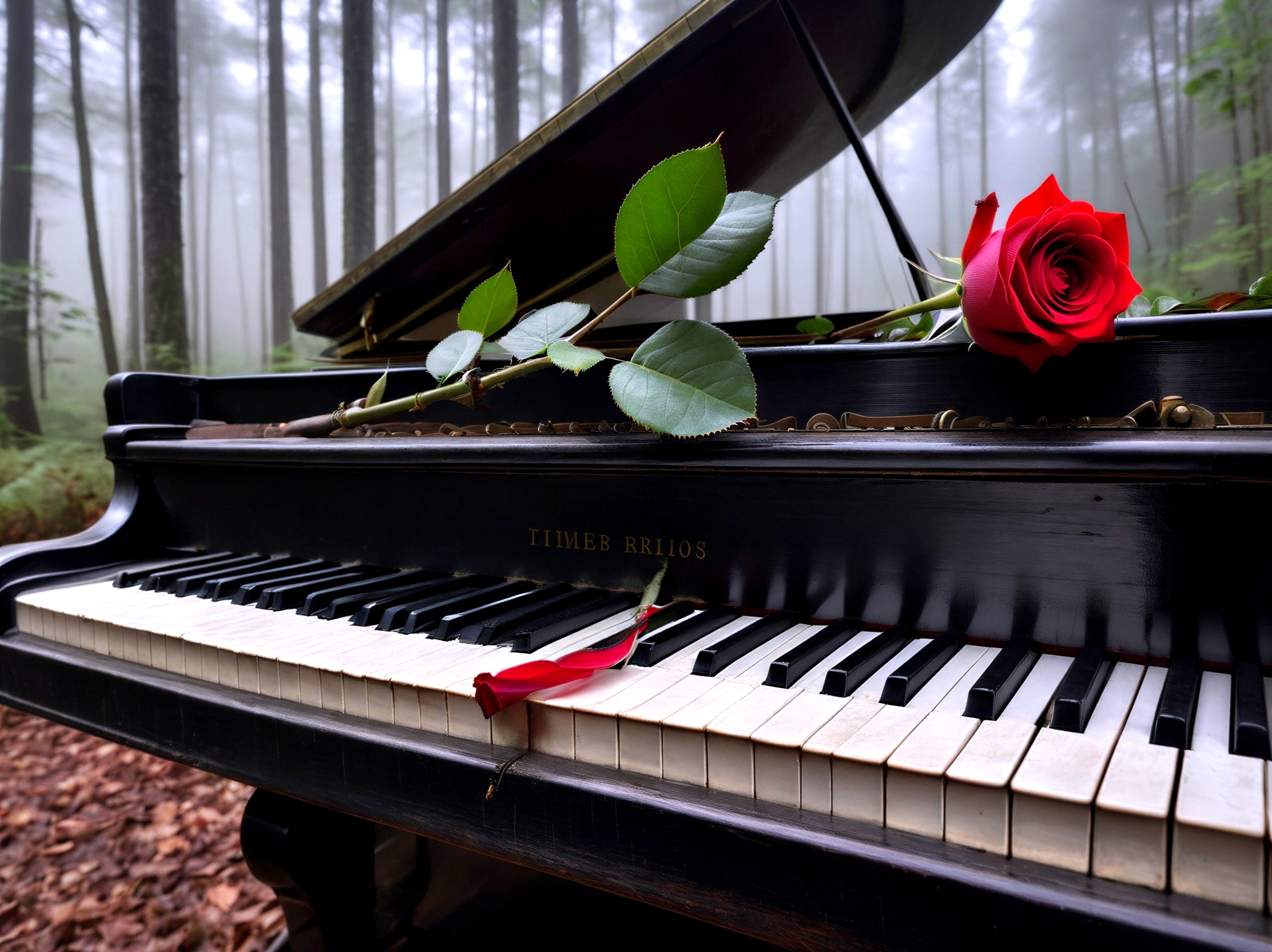 Black Grand Piano in Misty Forest with Rose