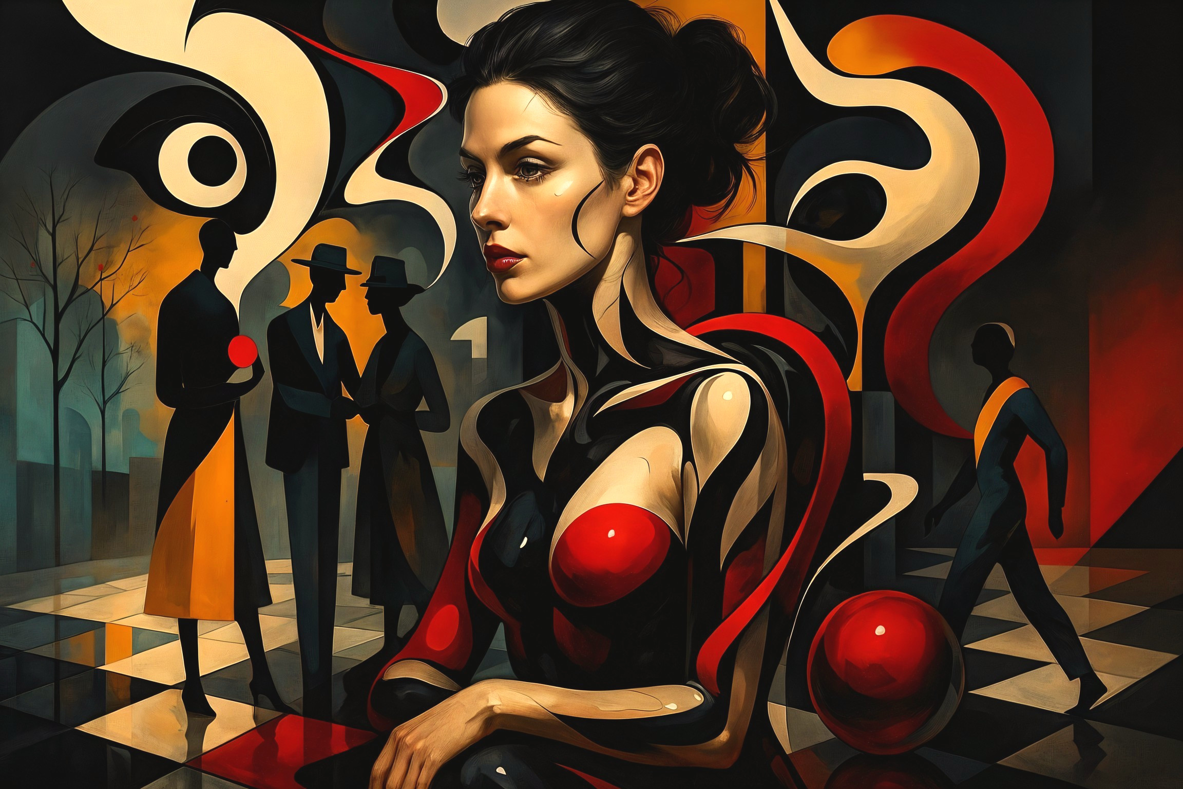 Surreal Artwork of Elongated Woman with Abstract Background