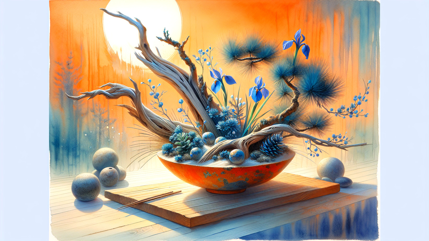 Vibrant Still Life with Blue Flowers and Sunset Glow