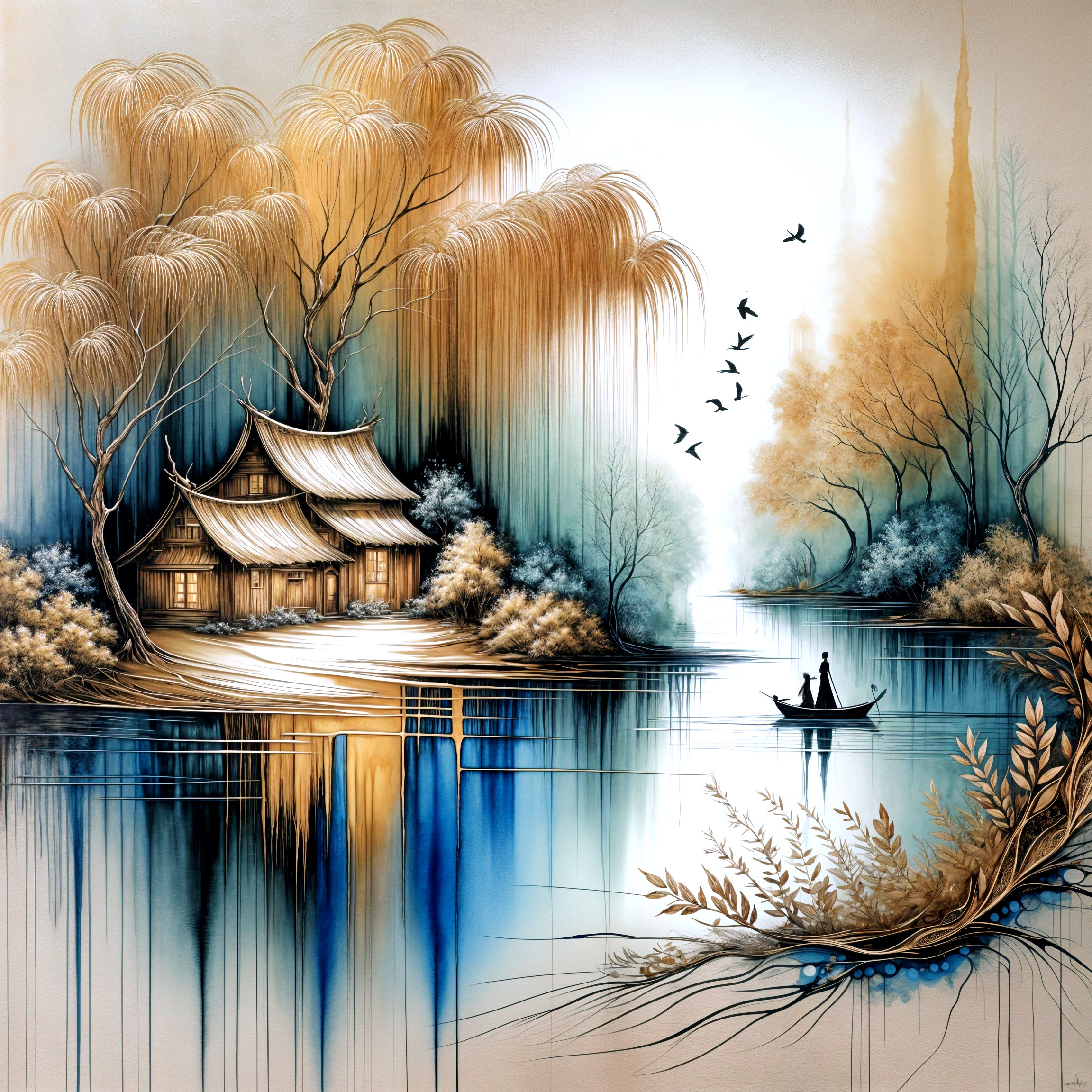 Tranquil Lake Landscape with Willow Trees and House